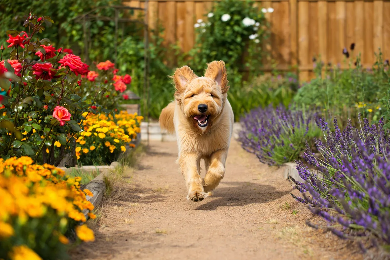 En hund som leker i en trädgård